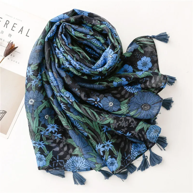 Aztec Abstract Navy Blue Floral Tassel Viscose Shawl Scarf High Quality Print Soft Foulards Bufandas Muslim Hijab Sjaal 180*90Cm