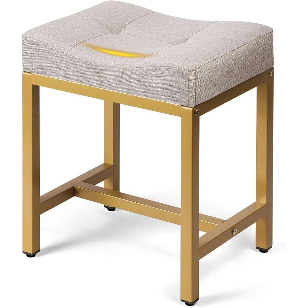 Light Brown Linen Vanity Stool with Gold Metal Legs U-Shaped Ottoman for Desk Living Room