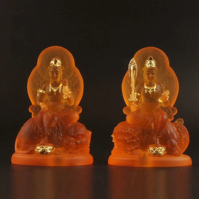 12cm Manjusri Samanta Bodhisattva Buddha Statue,Yellow Resin Exquisite Keeping Safe Figurines Home Putting Decoration
