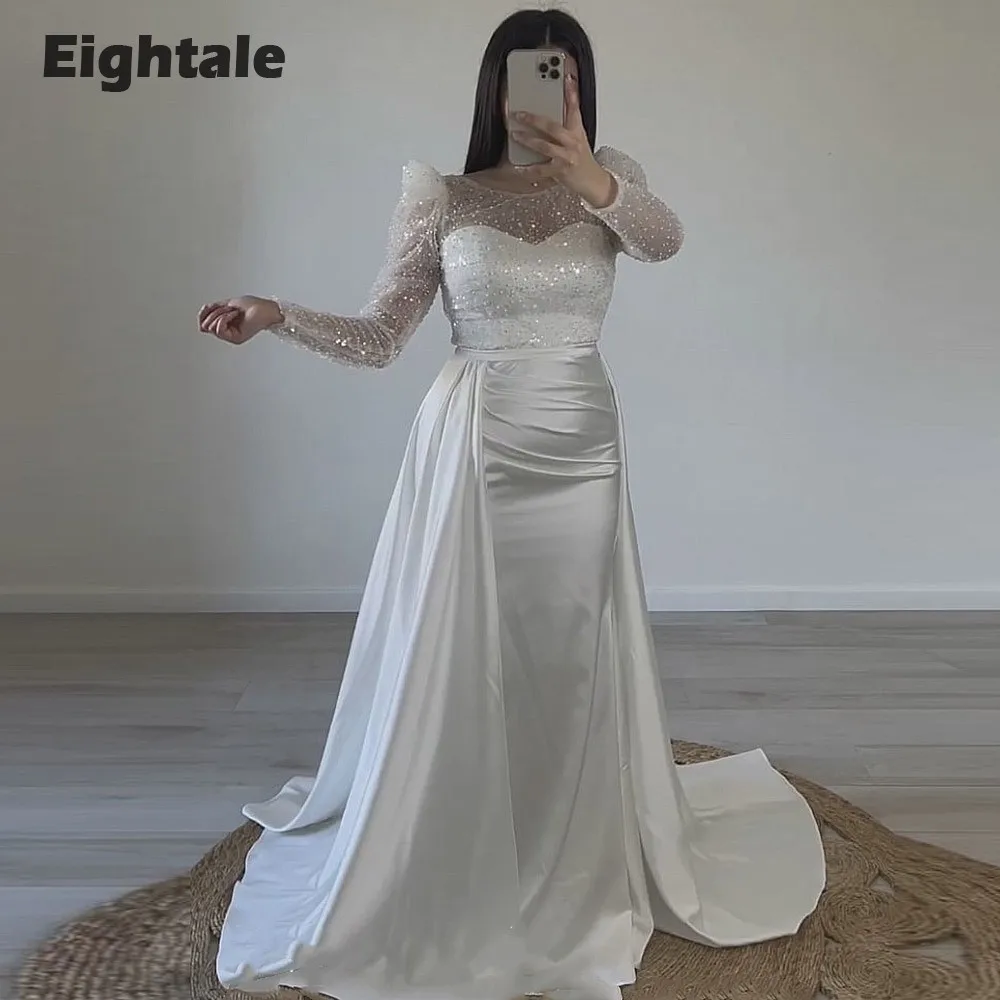 Eightale Luxury Evening Dress with Detachable Skirt Long Sleeves White Satin Customized Mermaid Prom Party Gowns