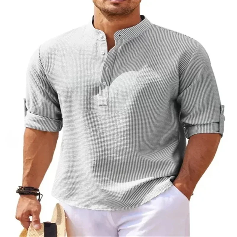 Cotton Linen Hot Sale Men\'s Long-Sleeved Shirts Spring Autumn Solid Color Stand-Up Collar Casual Beach Style Plus Size S-5XL