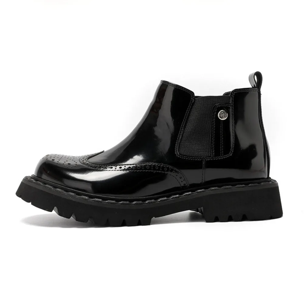 Men Brogue Carved Genuine Leather Glossy Thick Sole Height Increasing Casual Boots Big Head Fashion Ankle Boots