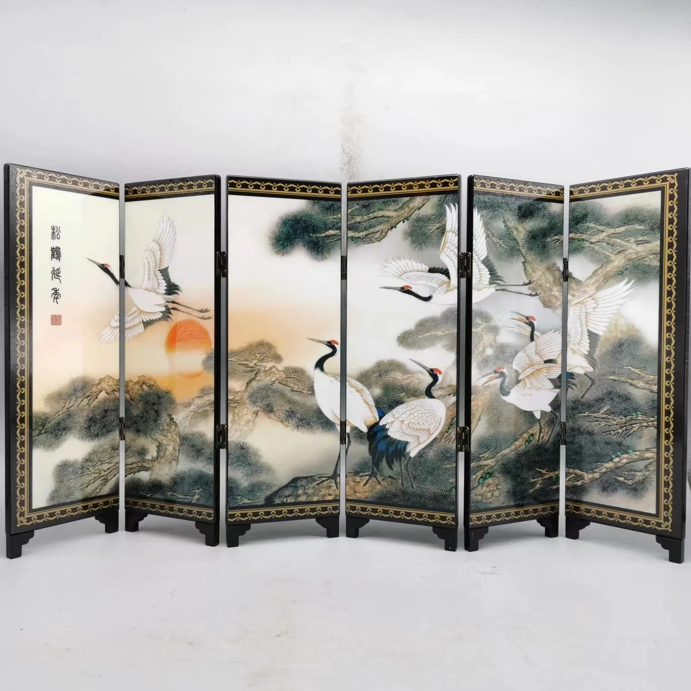 6 Panel Chinese Folding Divider Panel Home Partitions Room Screen Decoration Wooden Table Ornaments Crafts (Songhe Yannian)