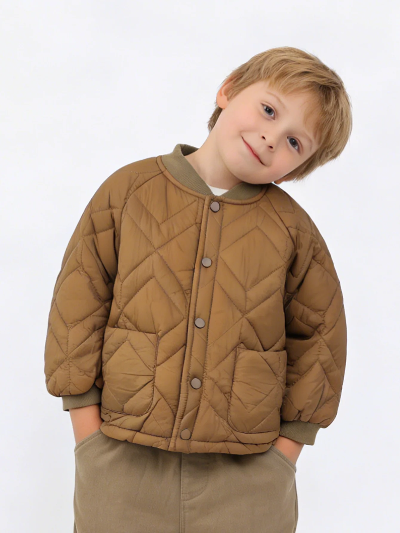 Boys Quilted Bomber Jacket Kids Lightweight Padded Coat Children Diamond Stitch Button Down Winter Outwear with Pockets
