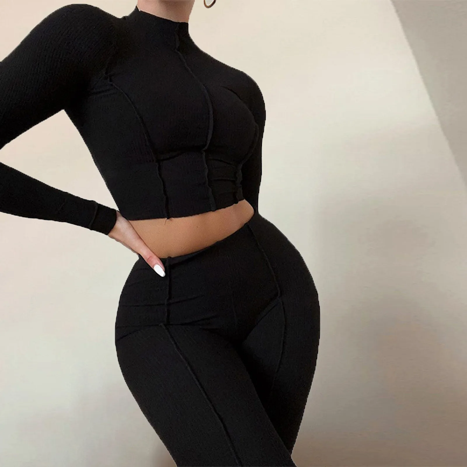 

2024 Women's Fashion Sexy Set Tight Fitting Long Sleeved Top And High Waisted Pants Set Female Streetwear Clothes