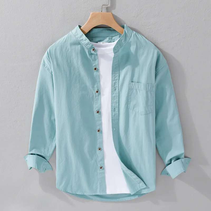 Spring Fashion Men's Casual Loose Shirts Stand Collar Solid Color Simple Basic Comfortable Blouses 100% Cotton Premium Tops