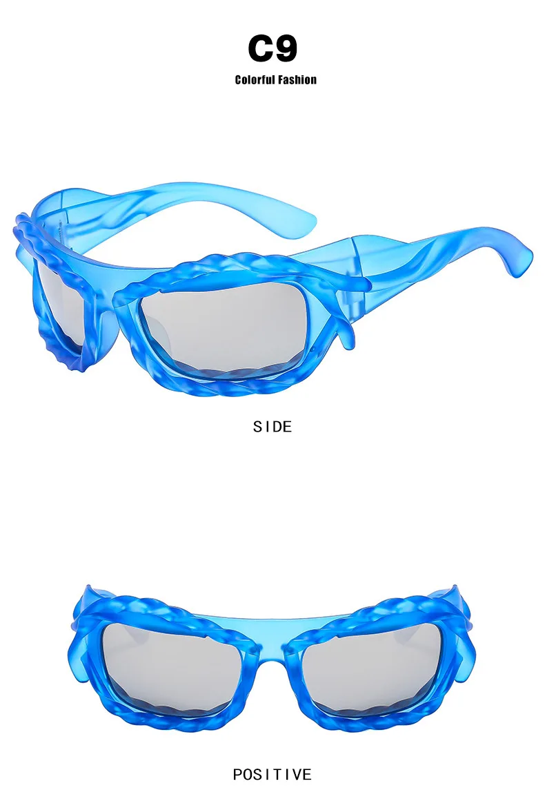 Einzigartige Hip-Hop-Y2K-Sonnenbrille für Damen und Herren, neue Sport-Sonnenbrille mit gedrehtem Design, Party-Sonnenbrille für Frauen, silberne Retro-2000er-Brille – Detail 15