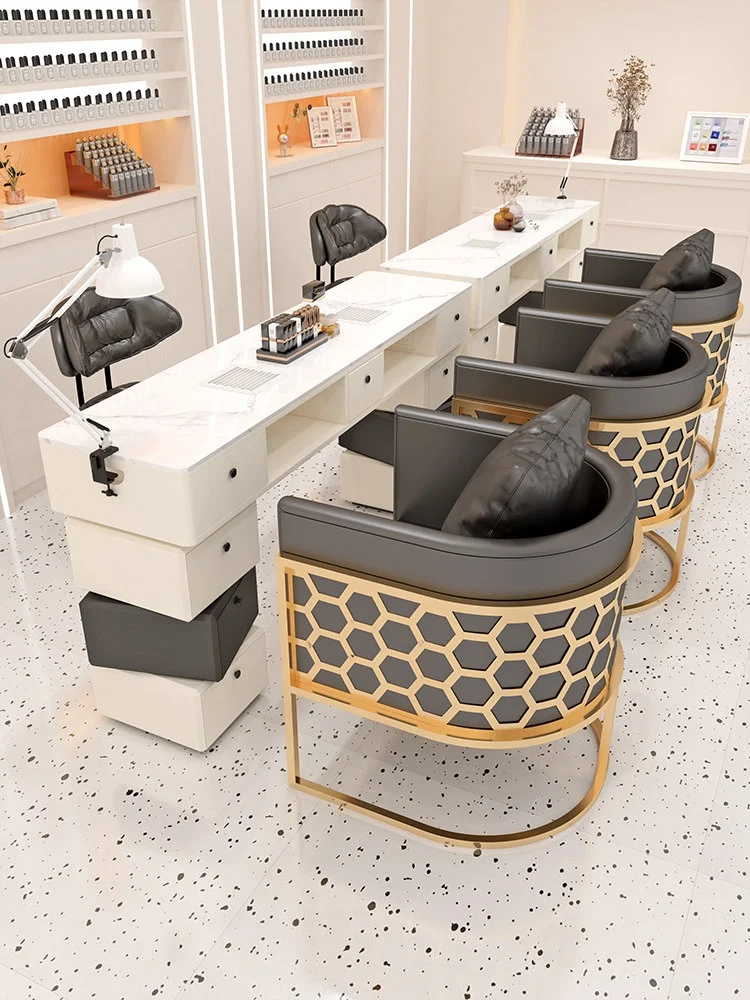 &c Modern Cream Style Manicure Table and Chair Set with Vacuum Cleaner Socket Marble Top Nail Salon Furniture