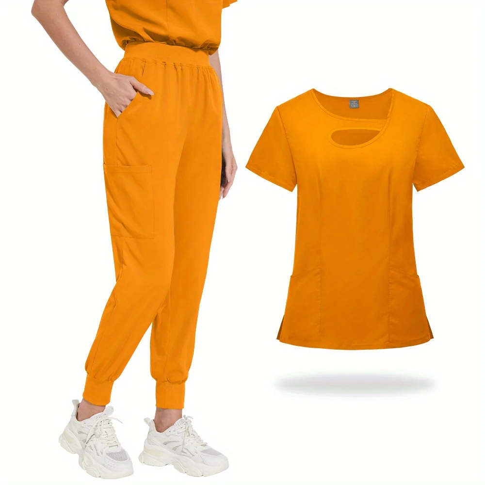 2 Piece Hollow Out Solid Color Women Short Sleeve Scrub Set Lightweight Long Pants Uniform for Beauty Salons