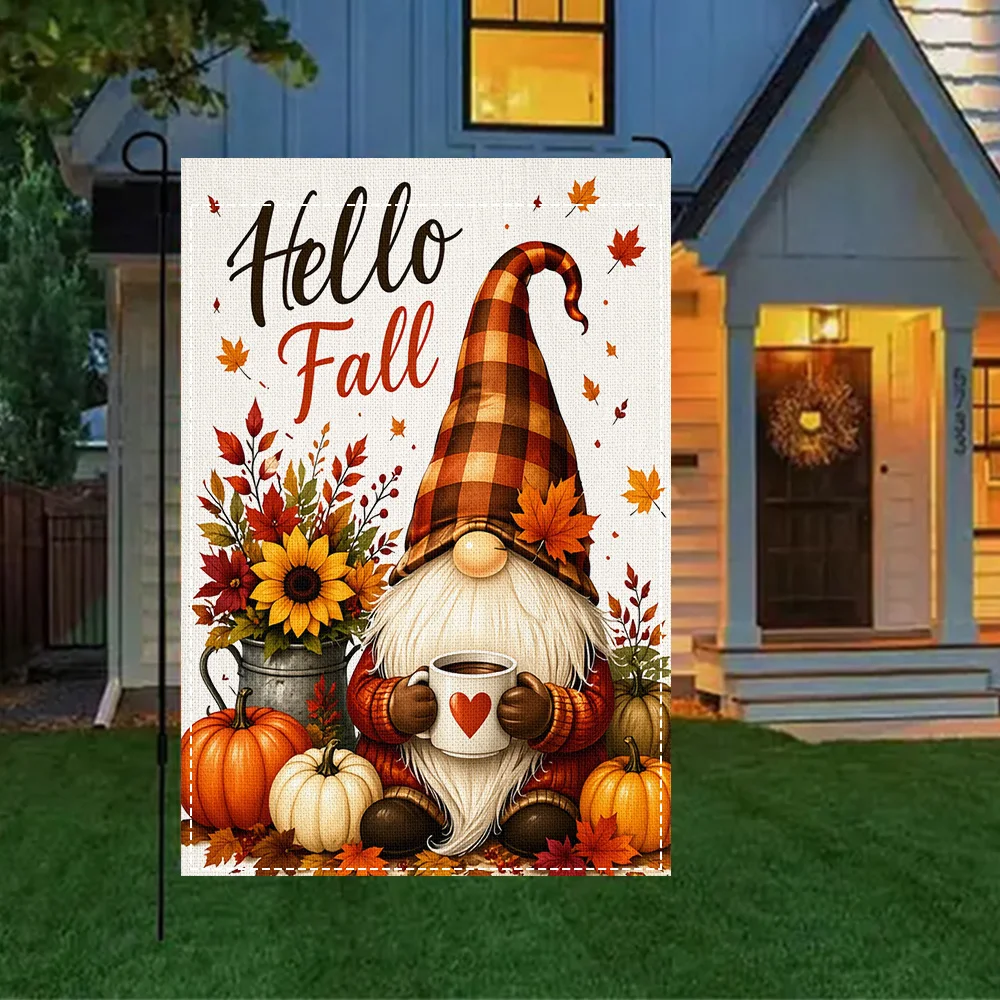 1pc Hello Fall Gnome with pumpkin and sunflower garden flags, reversible print, perfect for patio and outdoor fall decor (pole n