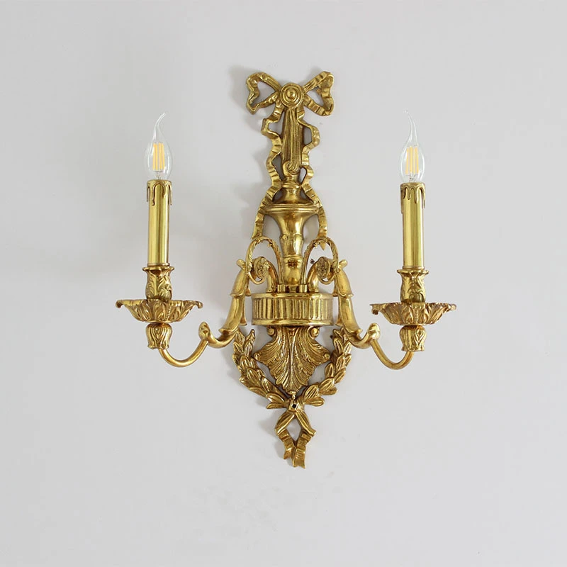 French Retro All Copper Villa Hallway Wall Lamp European Bedroom Bedside Candle Wall Light Living Room TV Background Lighting