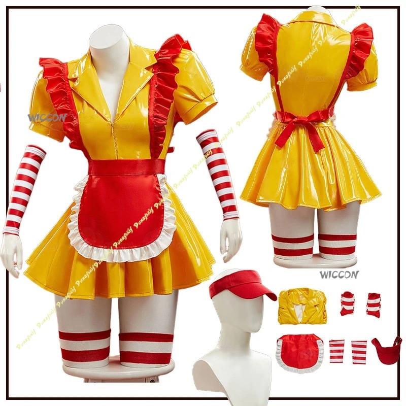 Disfraces de Cosplay uniforme niñas M rojo amarillo mujeres delantal C vestido falda sombrero calcetines fiesta escenario ropa Sexy Navidad Halloween conjunto