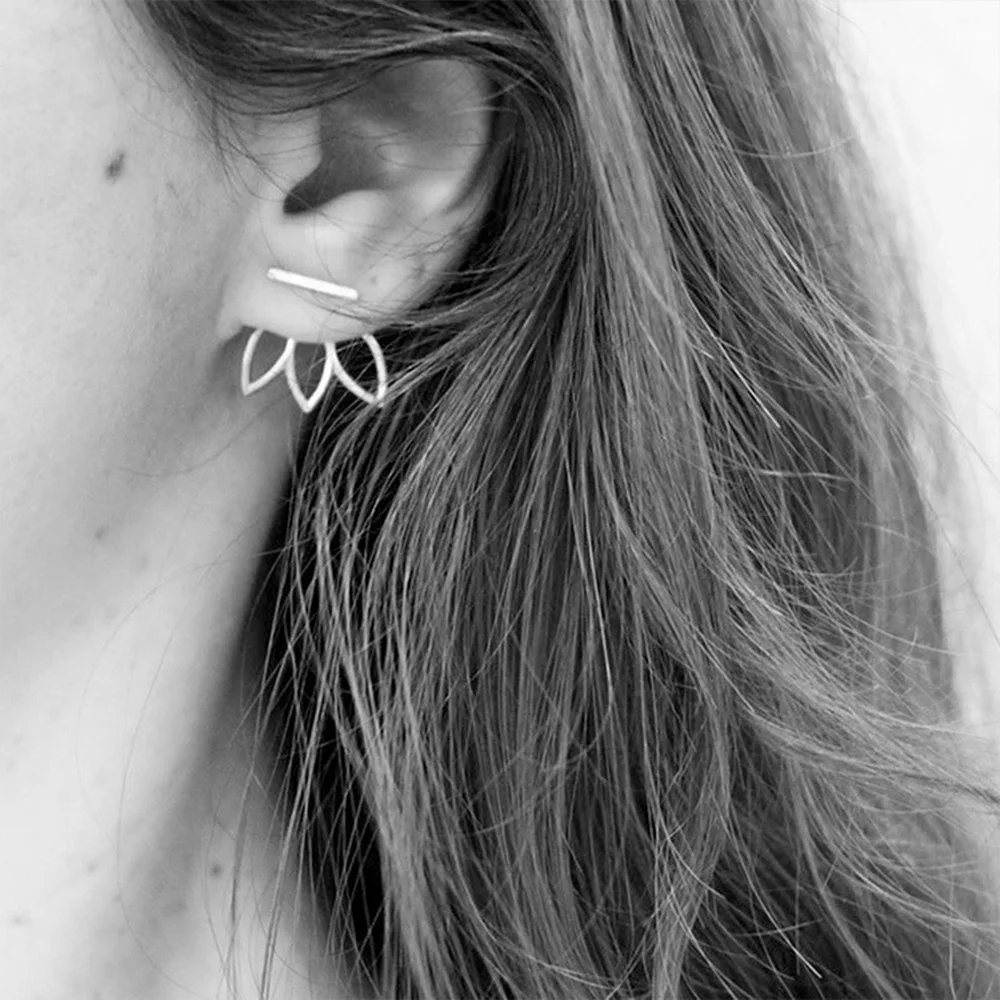 St-Delan Unique Lotus Flower Ear Jackets 316L Stainless Steel Geometric Petal Earrings Front Back Two-Way Wear Studs for Women