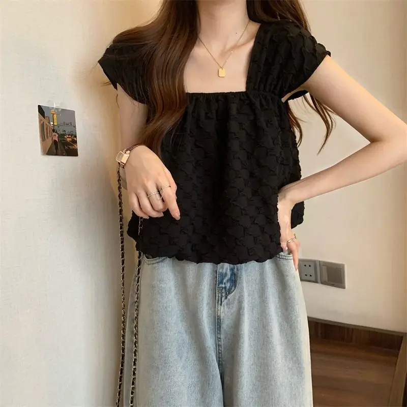 Women\'s Clothing 2023 Casual Korean Summer Thin Cute Sweet Young Style Pleated Solid Square Collar White Black Sleeveless Camis