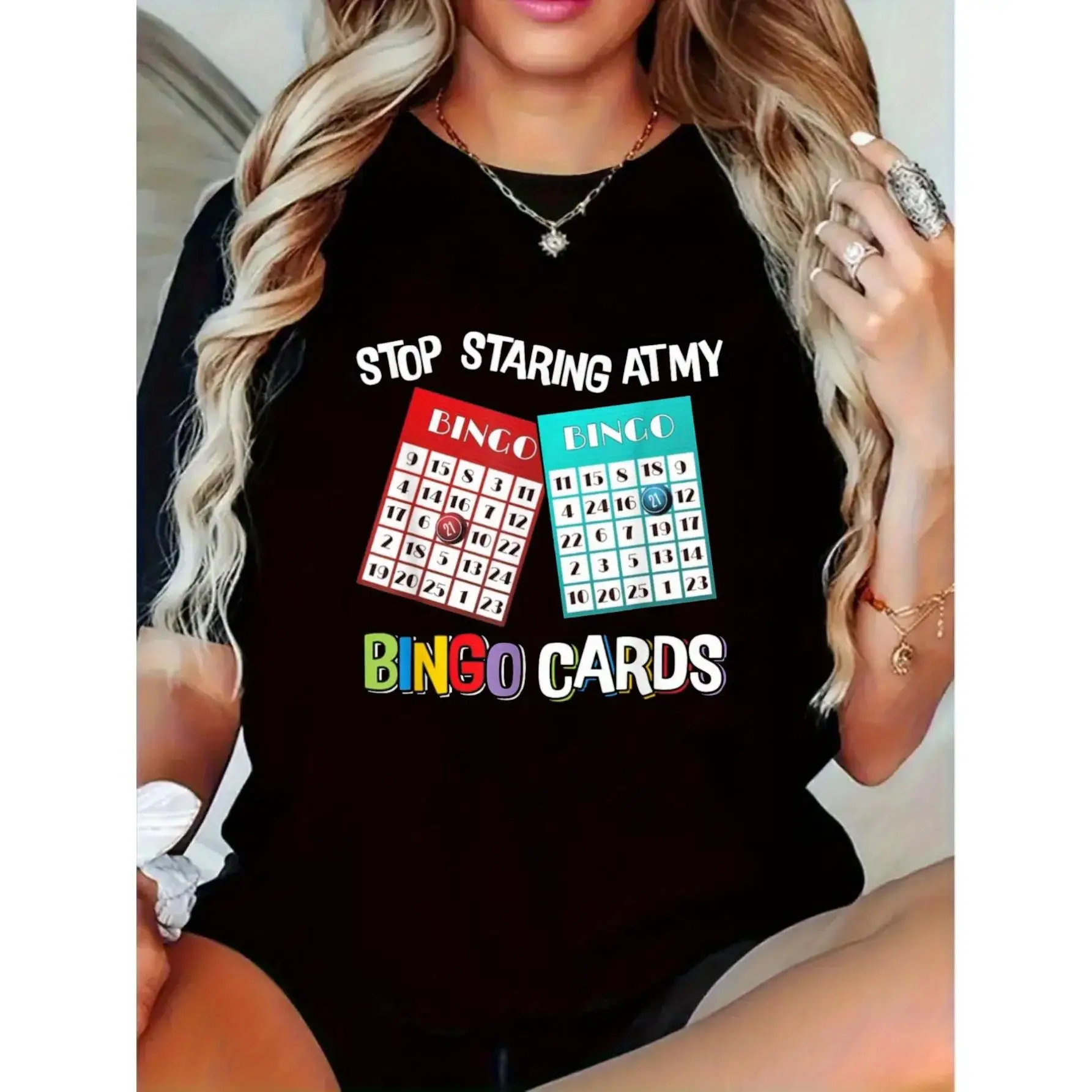 

Women's Funny Bingo T-Shirt | "Stop Staring At My Bingo Cards" Graphic Tee | Game Night Humorous Player Gift Top