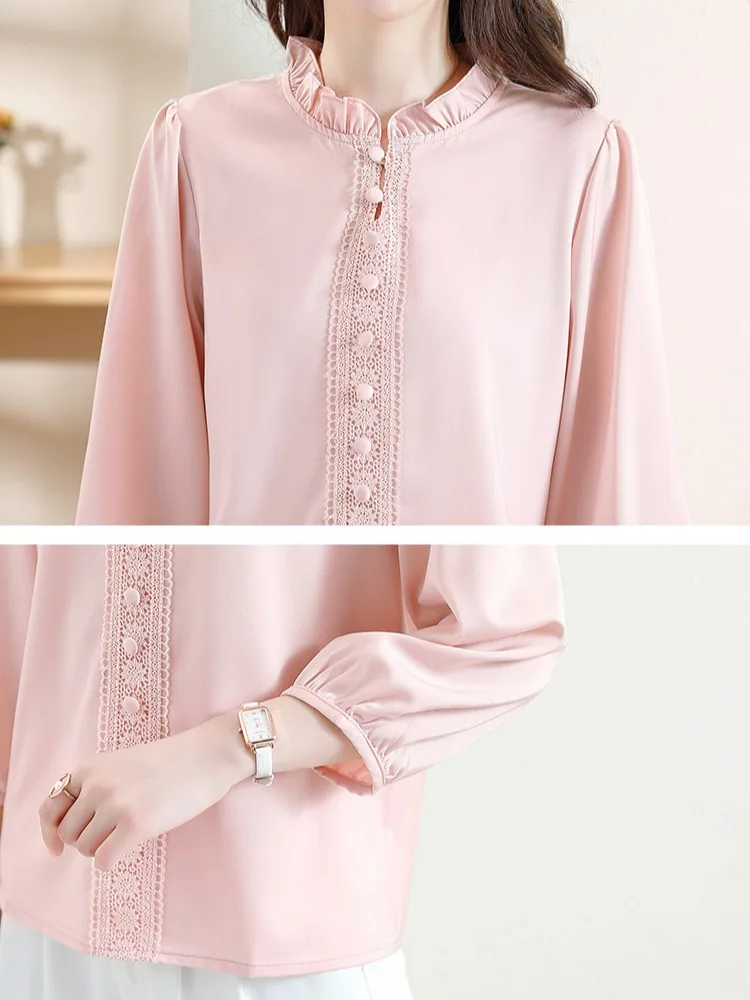 Camisa de retazos ahuecada de encaje rosa para mujer, Blusa de manga 3/4 con cuello de volantes, Top de moda para otoño y verano 2023