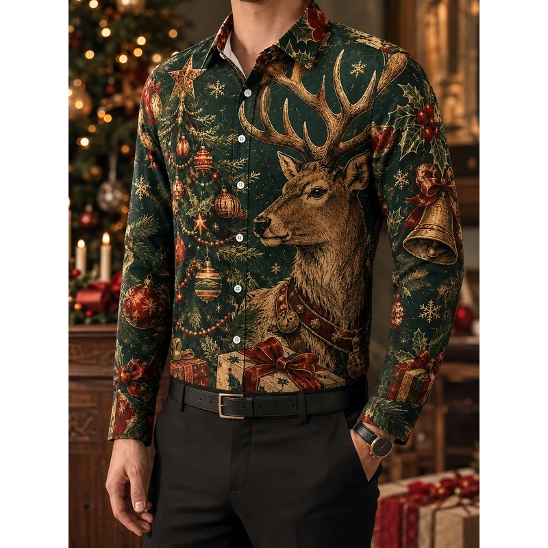 Christmas Gift Western Fashion Men'S Shirt Reindeer-Themed Printed Turn-Down Collar Shirt Vintage Holiday Shirt