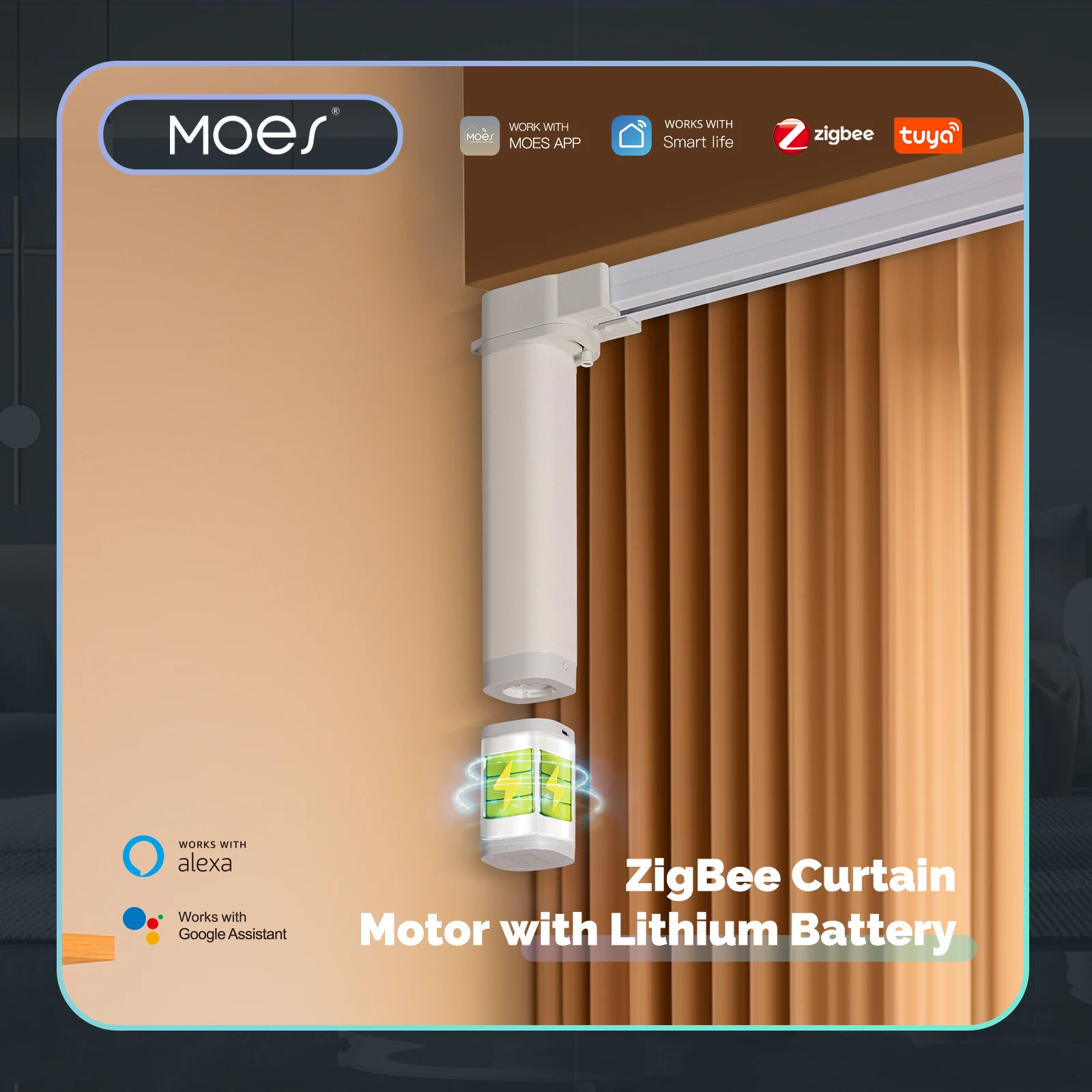 MOES Tuya ZigBee Curtain Motor With Lithium Battery Rechargeable Removable With Remote Control Work With Alexa Google Home