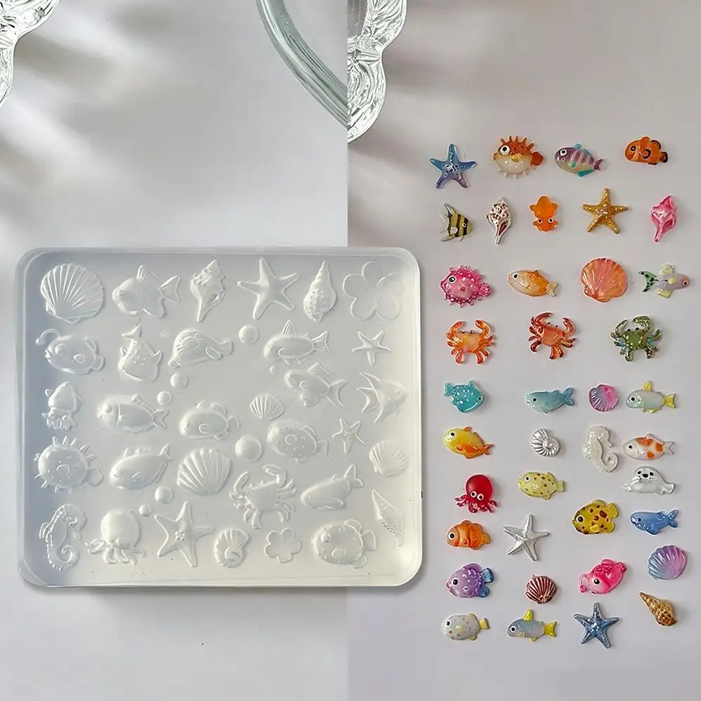 1Pcs 3D Summer Sea Animal Silicone Nail Mold Fish Starfish Shell Conch Jellyfish Crab Charms Nails Templates Manicure Stencils T