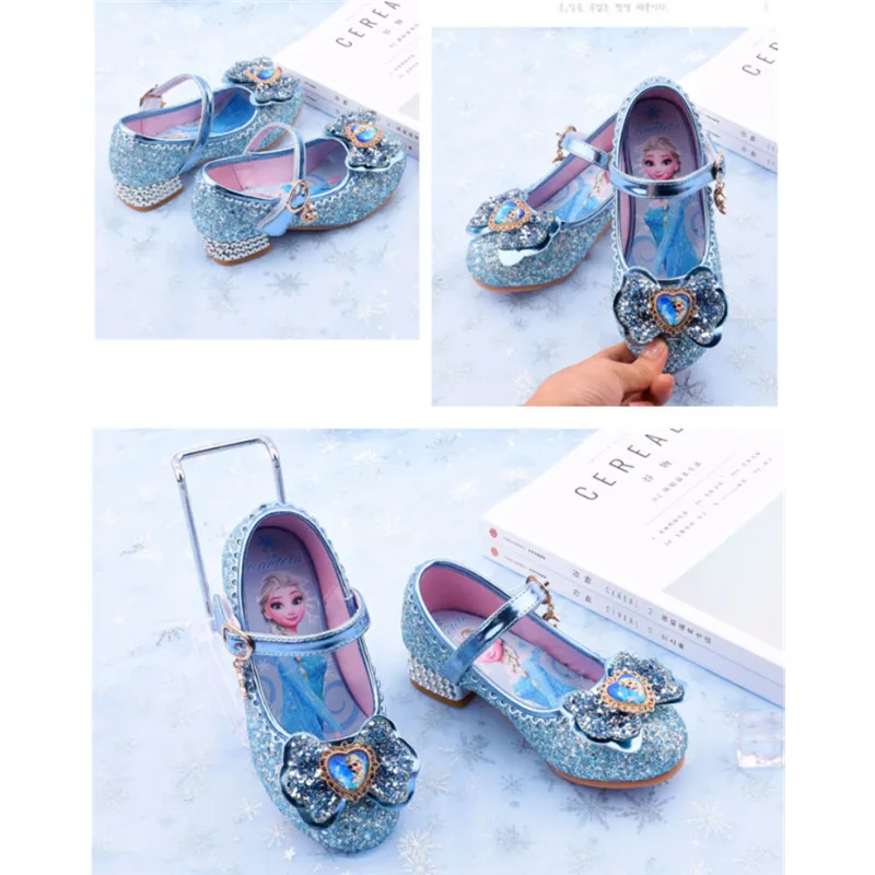 Cartoon girls casual shoes children high-heeled shoes Frozen 2 Elsa princess frozen cartoon bowknot leather crystal party shoes