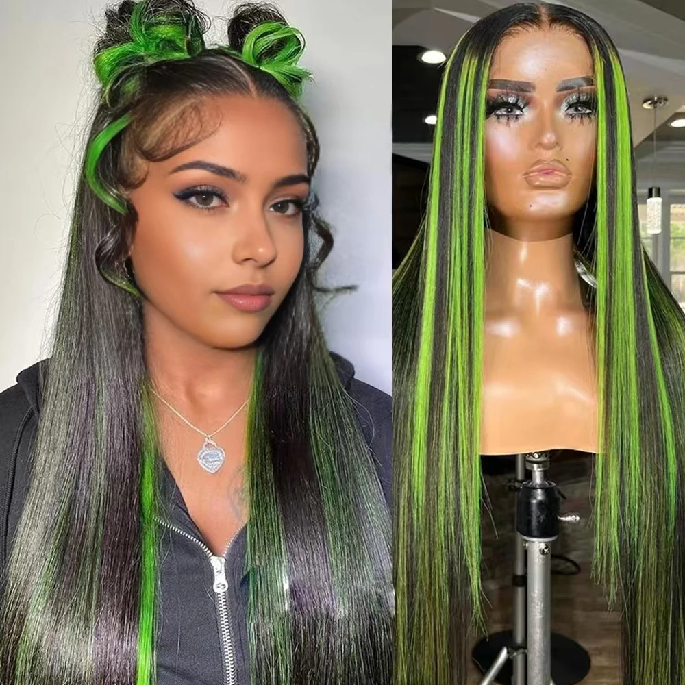 

Ombre Black And Green Straight Lace Frontal Wigs Human Hair 13x4 Pre Plucked Wigs 13x6 1B/Green Lace Front Wig Human Hair