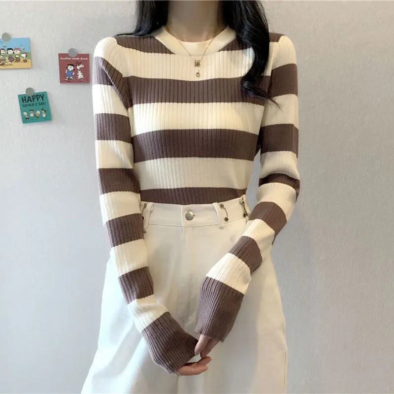 2024 Autumn New Striped Knit Sweaters Woman Korean Slin Fit Long Sleeve Ribbed Pullover Women Contrast Color Chic O-Neck Jumpers