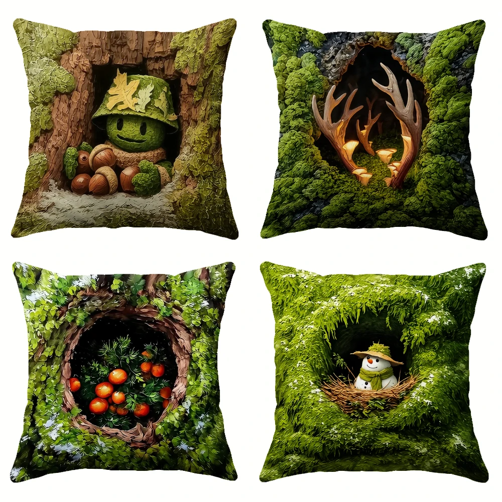 

Set of four, whimsical snowman in a woven nest, green knitted scarf and straw hat, forest background, white flowers, soft pai