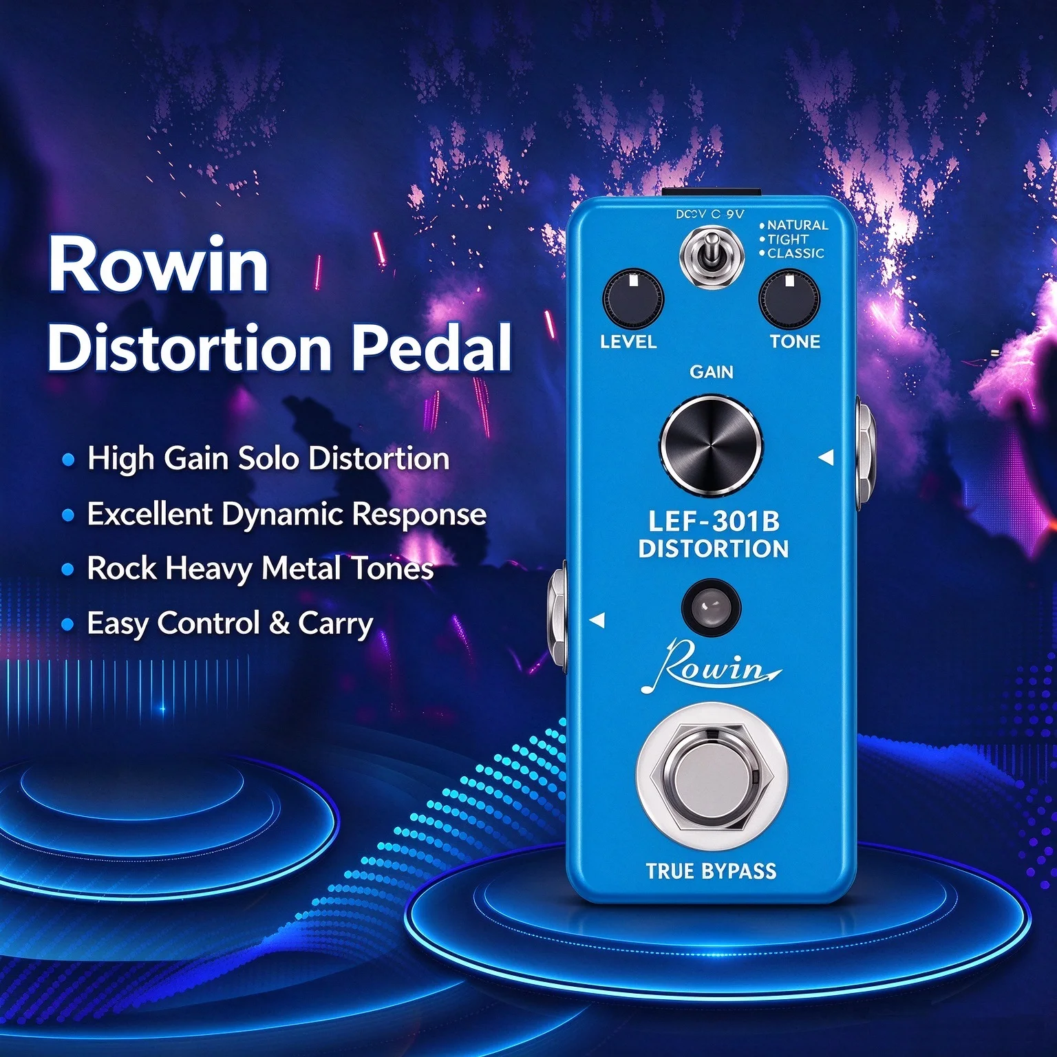 Rowin Distortion Effect Guitar Pedal High Gain Distortion Stompbox Dynamic Response Mini Metal Solo DIST Hairy 80's Synthesiz