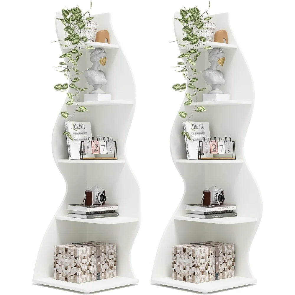 Corner Shelf, Modern 5-Tier Wall Corner Bookshelf Set of Two, Stylish Corner Small Bookcase Storage Rack Plant Stand