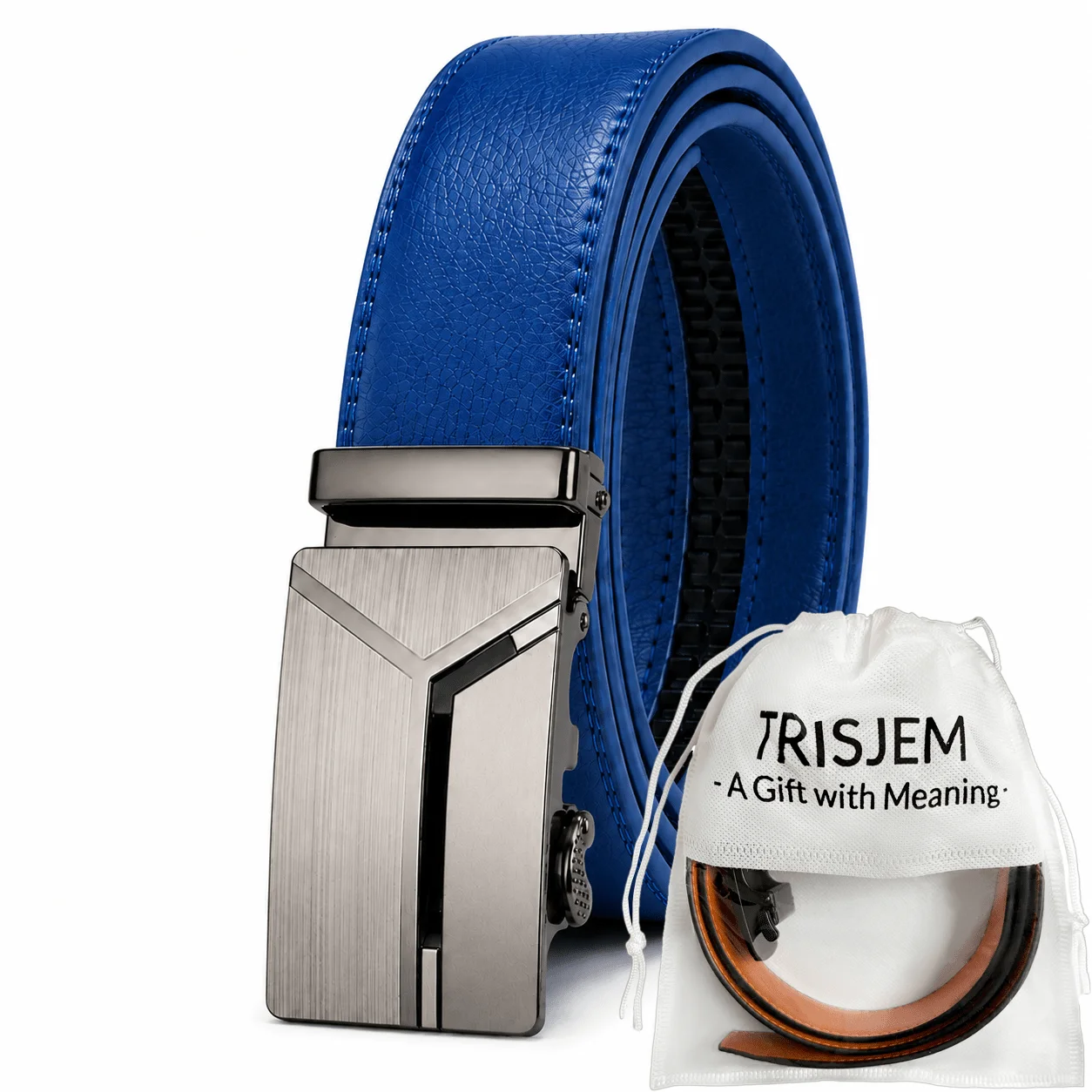 Men's Automatic Ratchet Belt Yellow Blue, 3.5cm PU Leather Adjustable Perforated Formal Belt, Business Casual Jeans Suit Pants