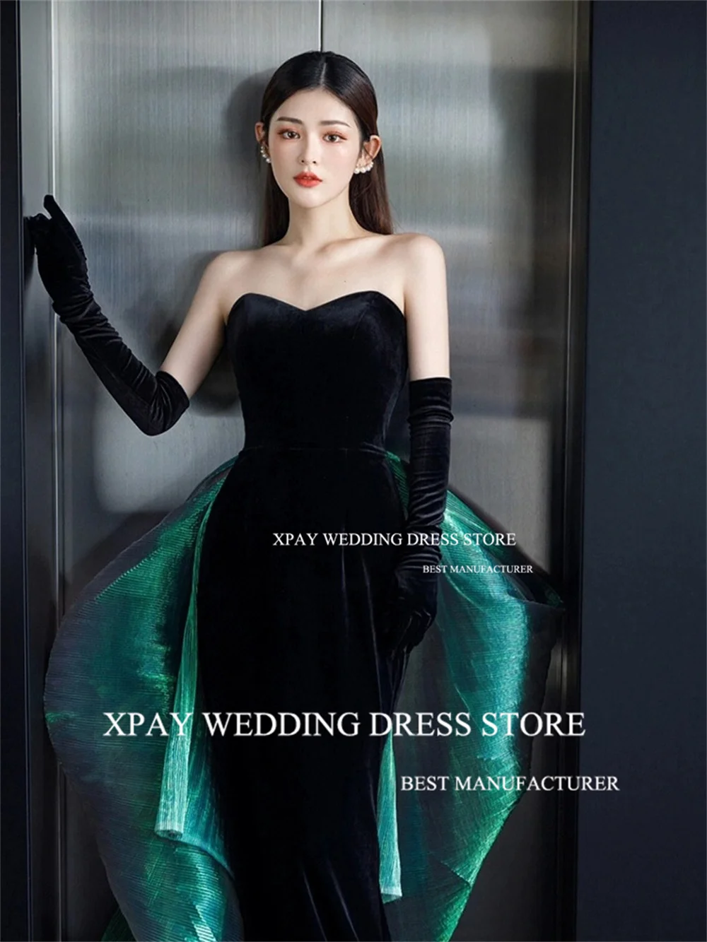 XPAY Sweetheart Velvet Mermaid Korea Wedding Party Dress With Gloves Black Strapless Evening Gown Backless Formal Party Dress