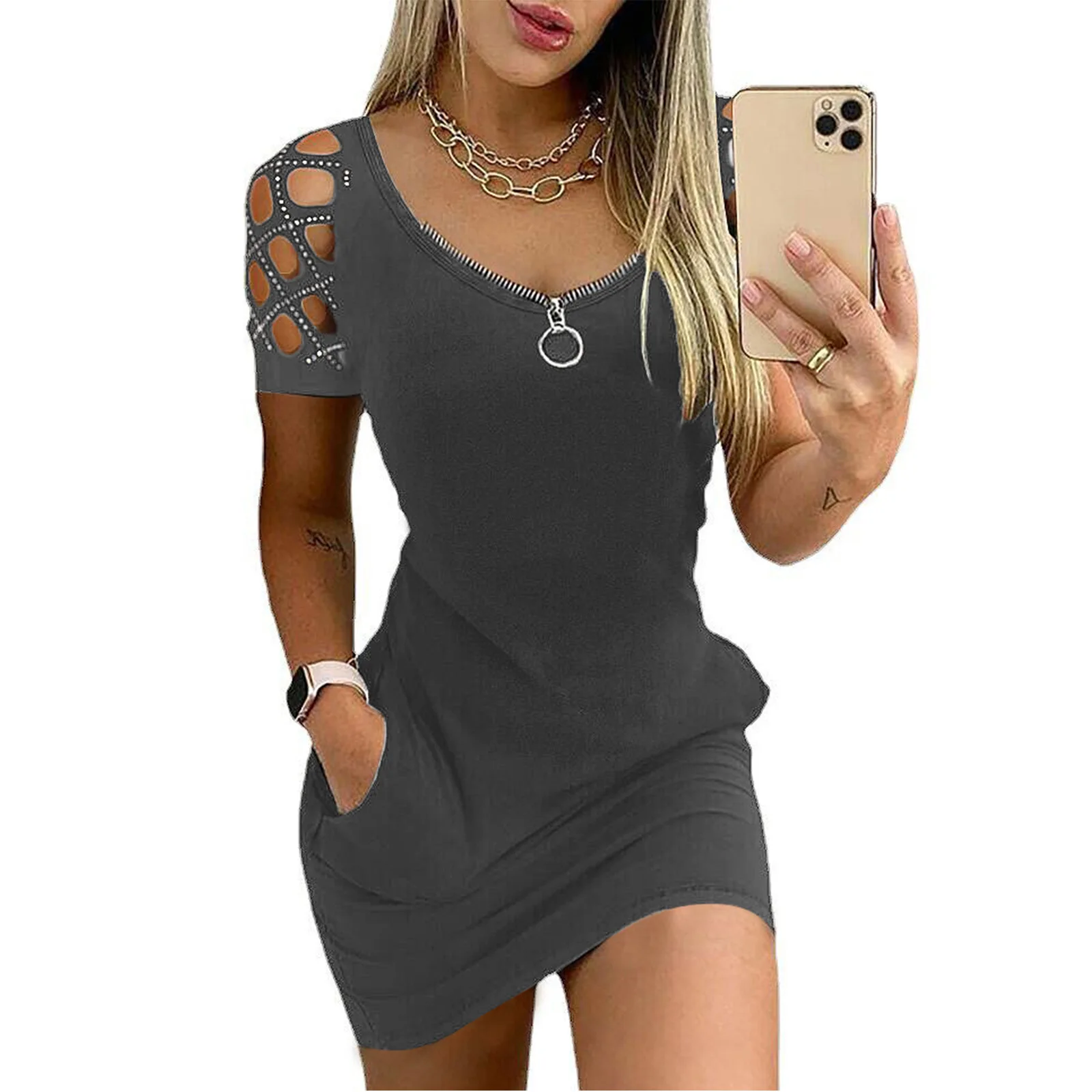 Dress for Woman 2023 Women's New Short Sleeve Hollow Diamond Pocket Sexy Slim Dress