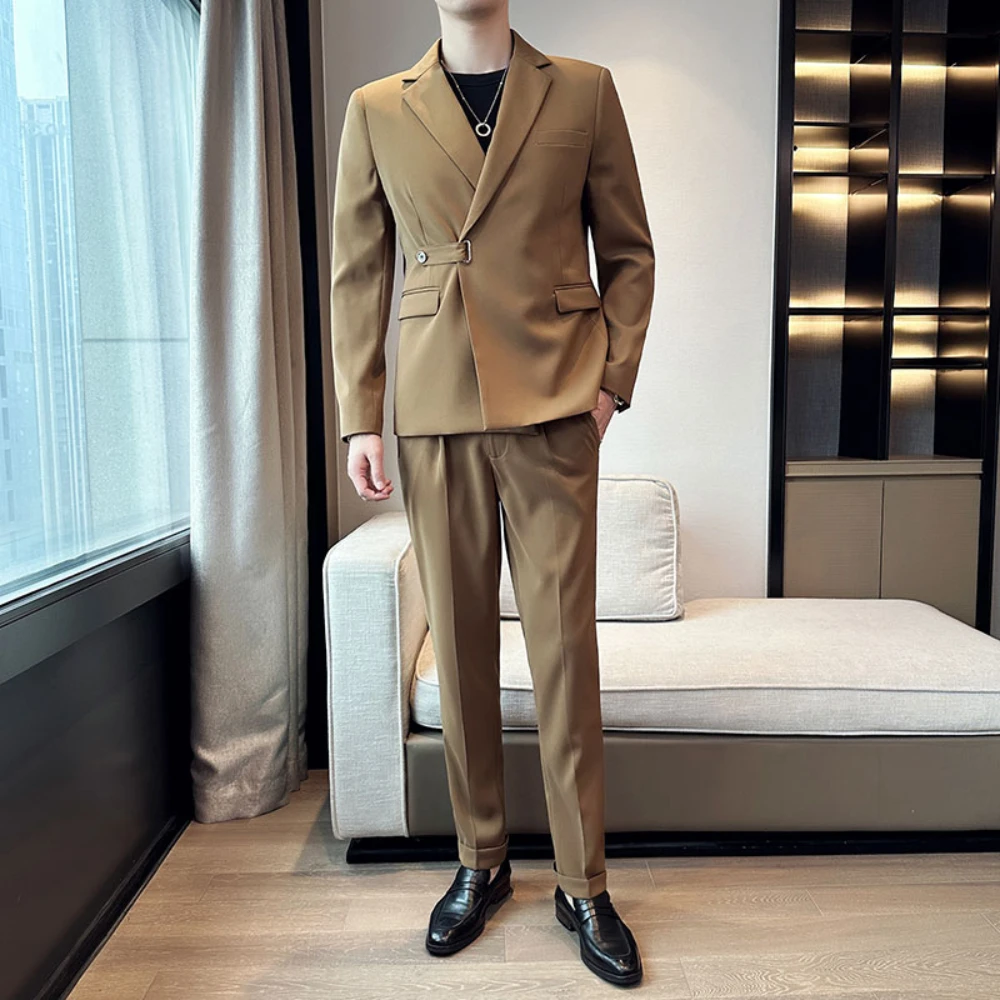 

2024 New Suit For Mne Groom Wedding Business Tuxedo British Slim Shackle Design Suit/Mens Suits Jacket 2 PCS (Blazers + Pants)