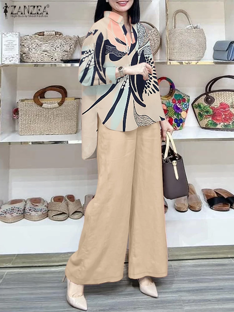 

2025 ZANZEA Spring Pant Sets Women Tracksuits 2-Pieces Sets Stylish Floral Print Long Shirts & Wide Leg Trousers 2pcs Outfits
