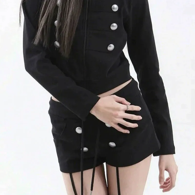 Korean Harajuku Women Sweat Shorts Drawstring Waist Double Row Decorative Metal Buttons Casual Leisure Drawstring Short Pant