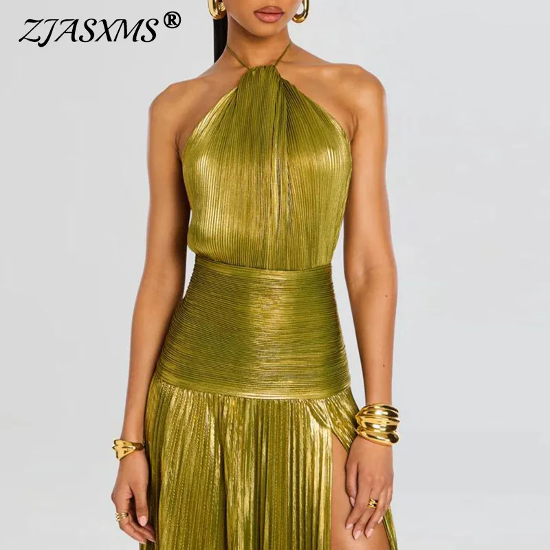 Ouro sexy halter alta divisão vestidos de noite mulher chique sólido oco plissado vestido longo primavera verão sem costas zip maxi vestido