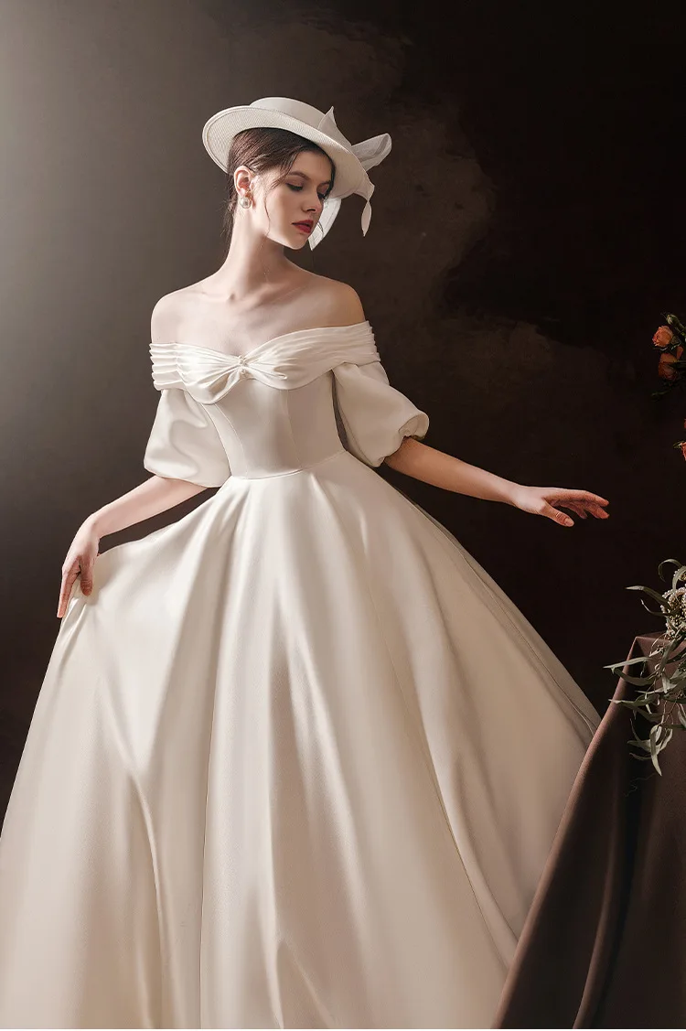 Abiti da sposa con maniche a sbuffo in raso a cuore di lusso con spalle scoperte abito formale a-line eleganti abiti da festa Illusion