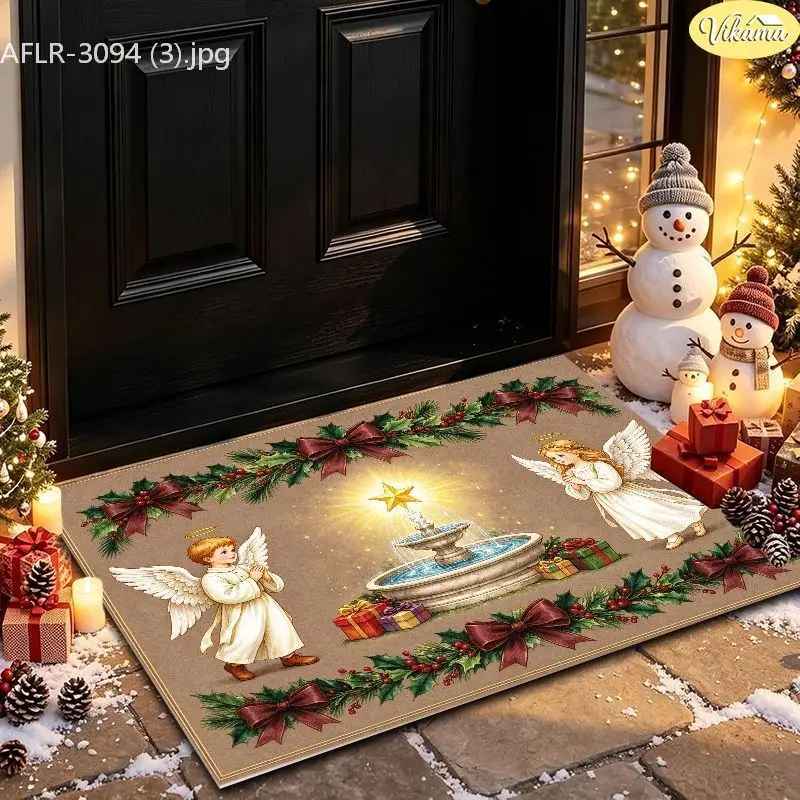 VIKAMA Green Penguin Family Icicle Entryway Rug Non Slip Low Profile Mats for Outside Front Door Xmas Winter Decor Soft