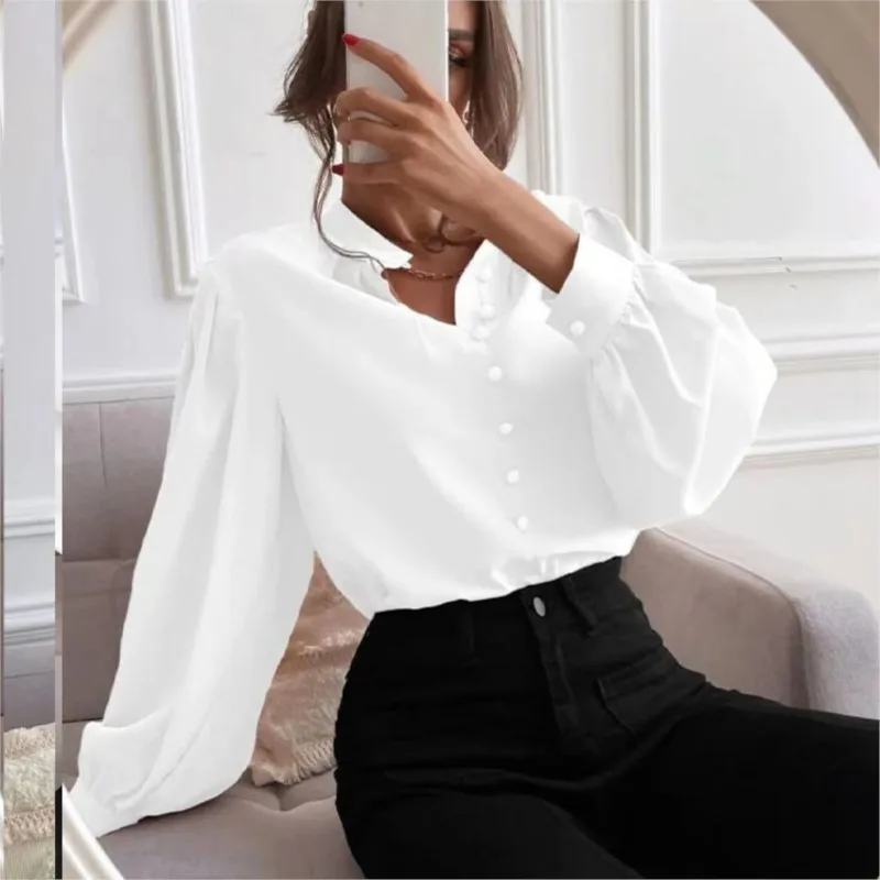 Ladies Elegant Shirt Solid Color Lapel Long Sleeve Single Row Button Loose Top Shirts Women Color Fashion Commuting Blouses
