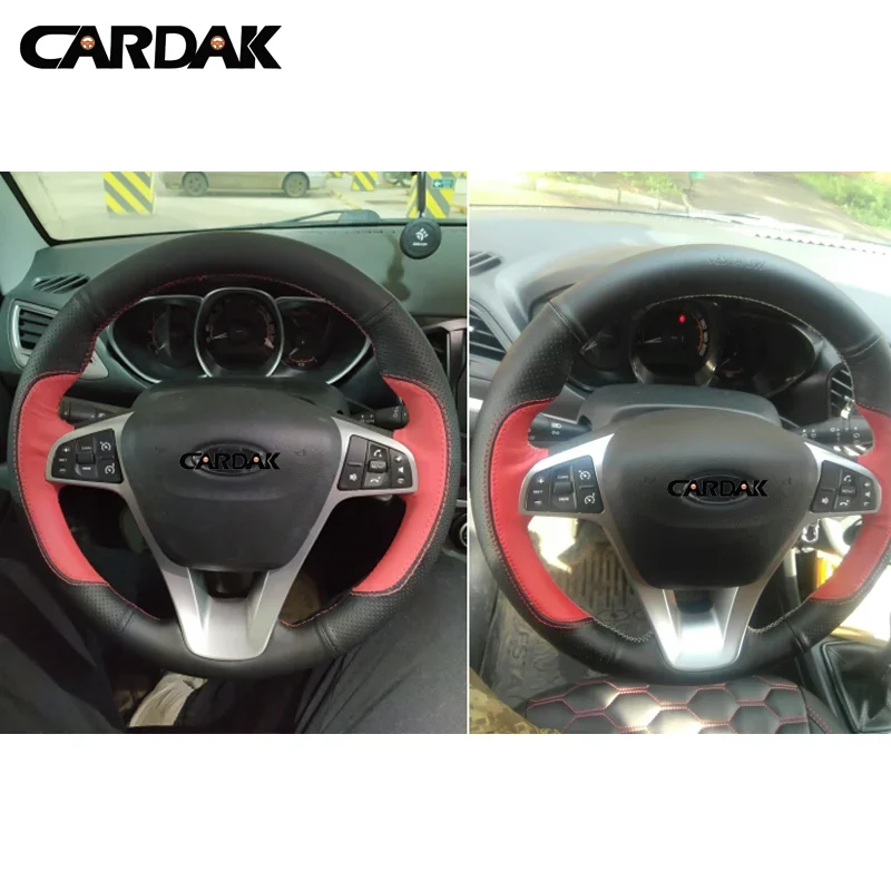 CARDAK DIY Hand-Stitched Black Red Artificial Leather Car Steering Wheel Cover for Lada Vesta SW 2015 2016 2017 Lada X-Ray