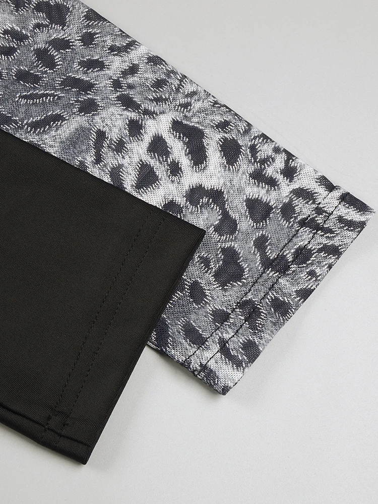 VC Abito a maniche lunghe con ritaglio leopardato nero a contrasto e collo a lupetto per abiti da sera da festa