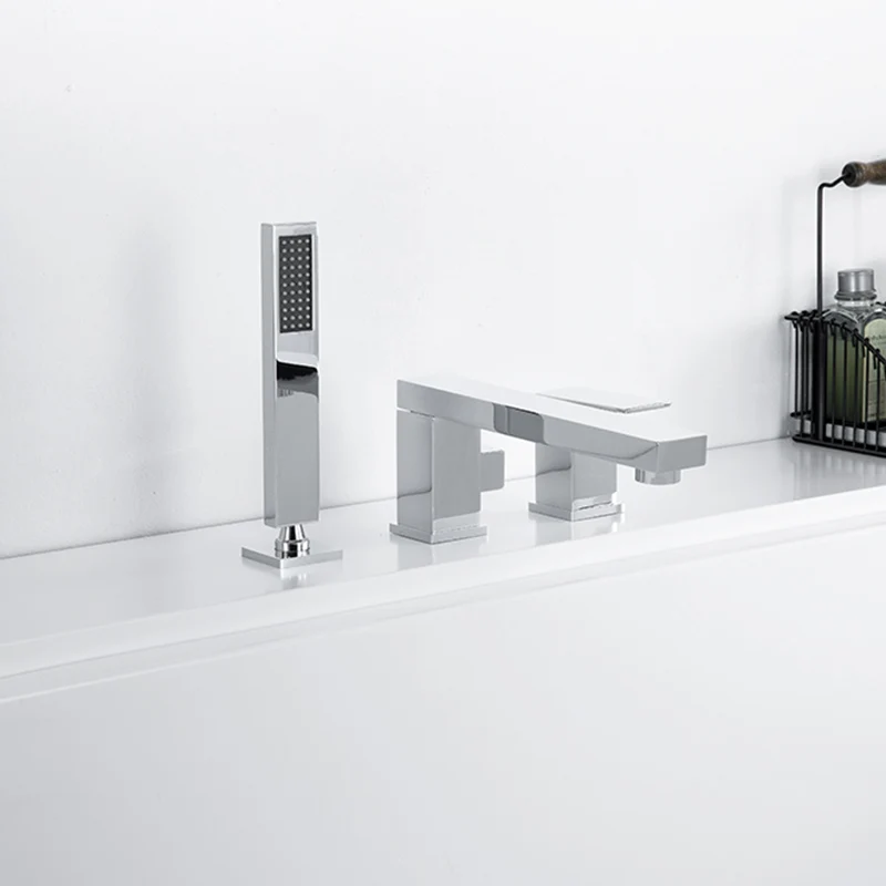 

Roman Bathtub Faucet Set Modern 3 Hole Tub Faucet with Hand Shower Deck Mount Bath Tub Faucet Set with Handheld Shower Chrome