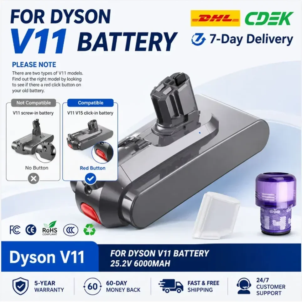 Batteria da 25,2 V per aspirapolvere Dyson V11 SV15 SV16 SV17 SV18 SV22, V11 Absolute, V11 Animal, V11 Fluffy, batteria ricaricabile.