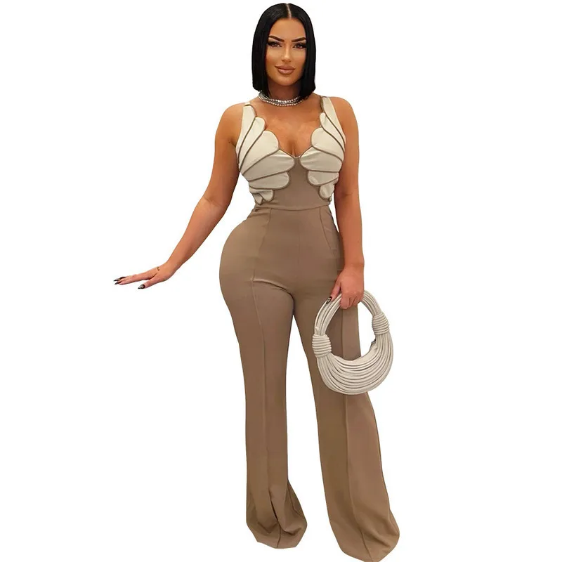 Trendy European And American Deep V Neck Sleeveless Bodycon Jumpsuit Elegant Casual Sexy Long Pants Summer Fashion Womens Outfit
