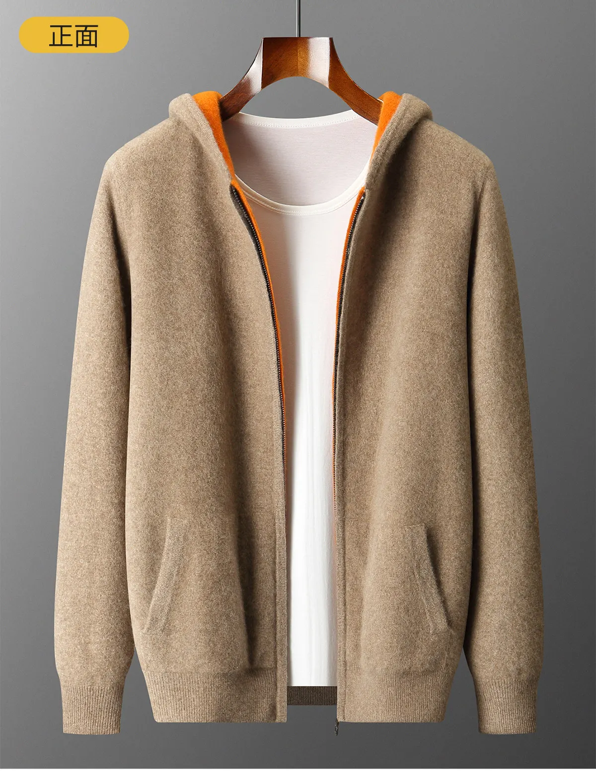 Cárdigan de cachemir 100% puro para hombre, con capucha, cremallera, doble cara, acolchado, con cuello de camisa y tejido de punto.