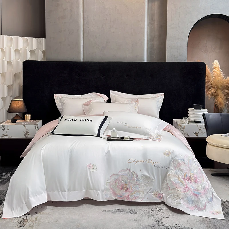 Flowers Embroidery Bedding Set Luxury White Egyptian Cotton Duvet Cover Set Flat/Fitted Bed Sheet Pillowcases Home Textiles
