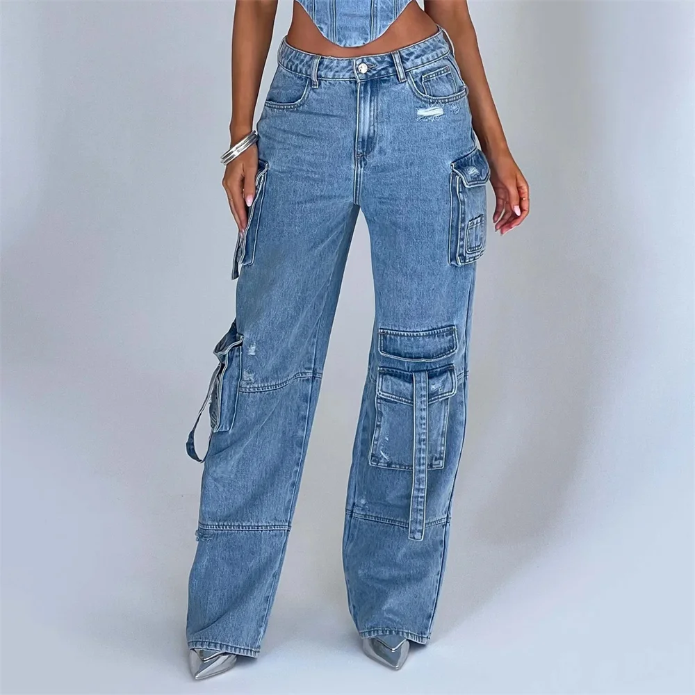 Casual Baggy Jeans For Women  Clothes 2024 News Spring Autumn Pocket Patchwork Cargo Pants Womens High Street Straight Leg Jeans