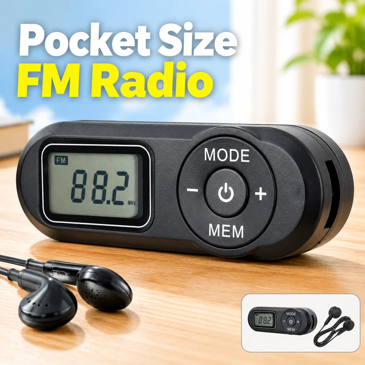 Mini FM Radio Portable Pocket Size with 20 Station Memory, Digital Display, Auto Scan & Manual Tuning, Earpiece Included, for