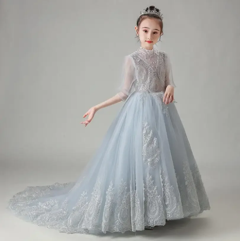 

Elegant Kids Girls Embroidery Tutu Princess Dress For Wedding Party Evening Gown Gray Tulle Pageant First Communion Vestidos