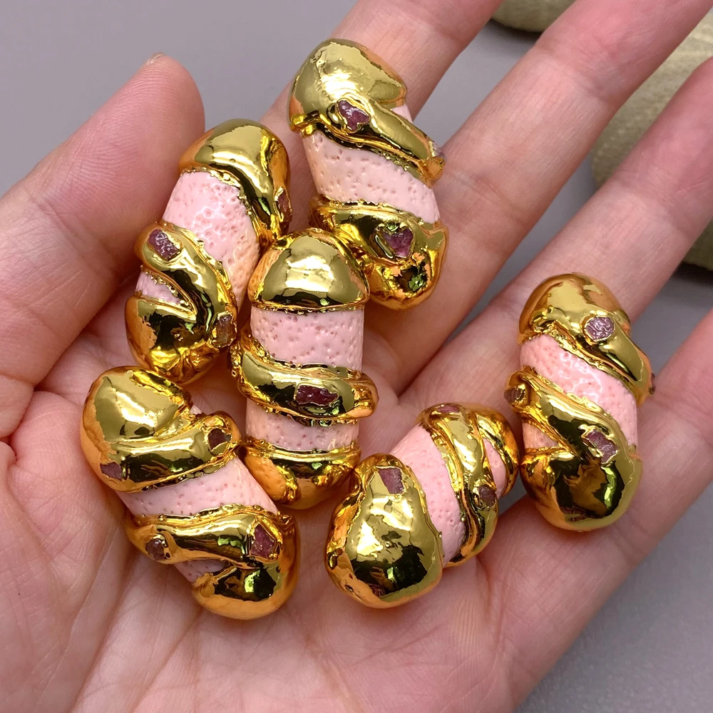 5 Pcs 18x32mm Pink Sponge Coral Red Tourmaline Raw Beads Connector Jewelry Making DIY